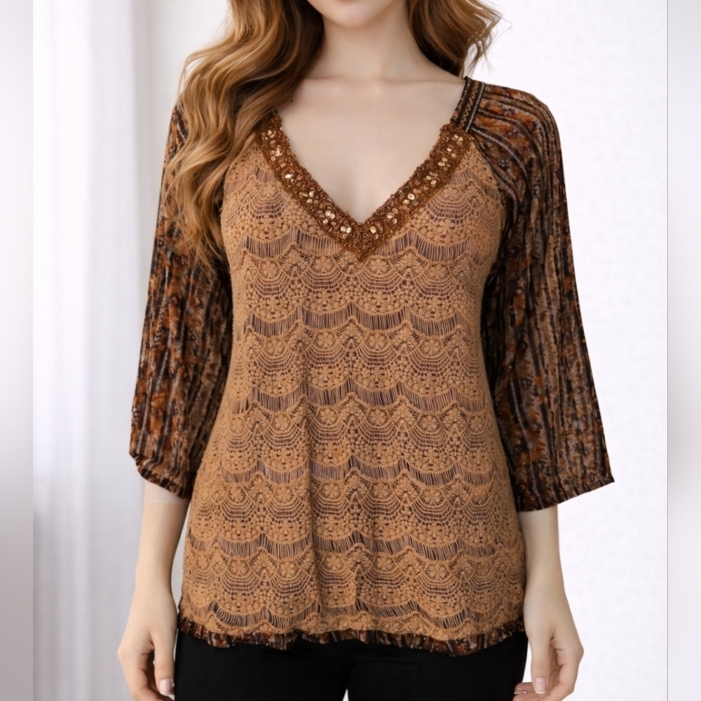 BKE Crochet Lace Chiffon Aztec Print V-Neck Top